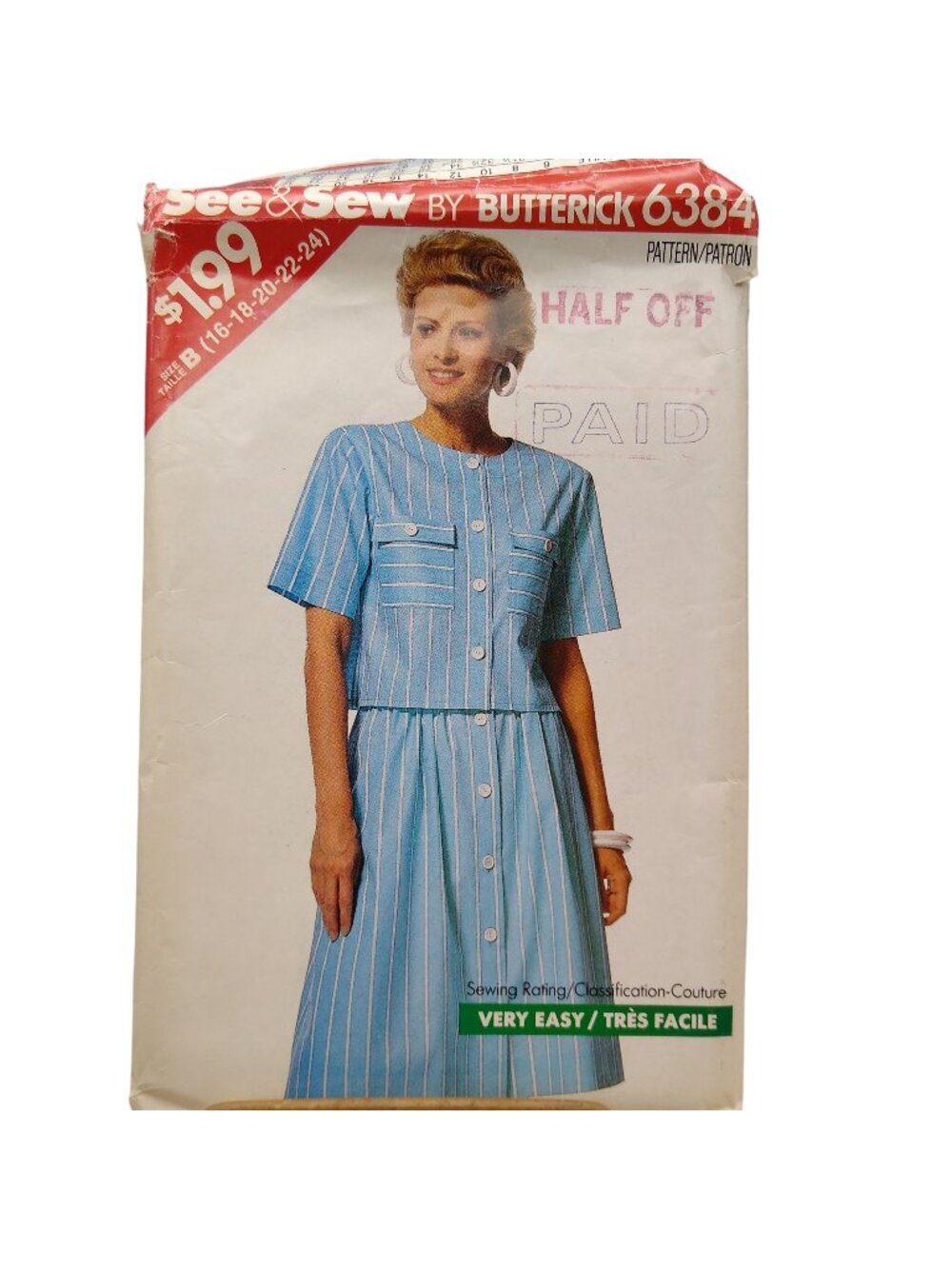Vintage Sewing PATTERN See and Sew 6384, Butterick Very Easy 1988 Misses Womens